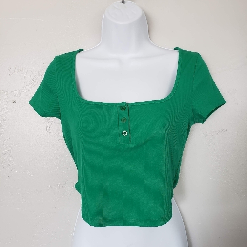 Kelly Green Short Sleeve Crop Top Shirt Henley Ribbed Shein Small